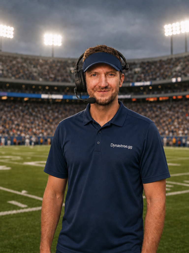 A Football Dynastree manager in a navy Dynastree.gg polo and headset on a floodlit stadium field
